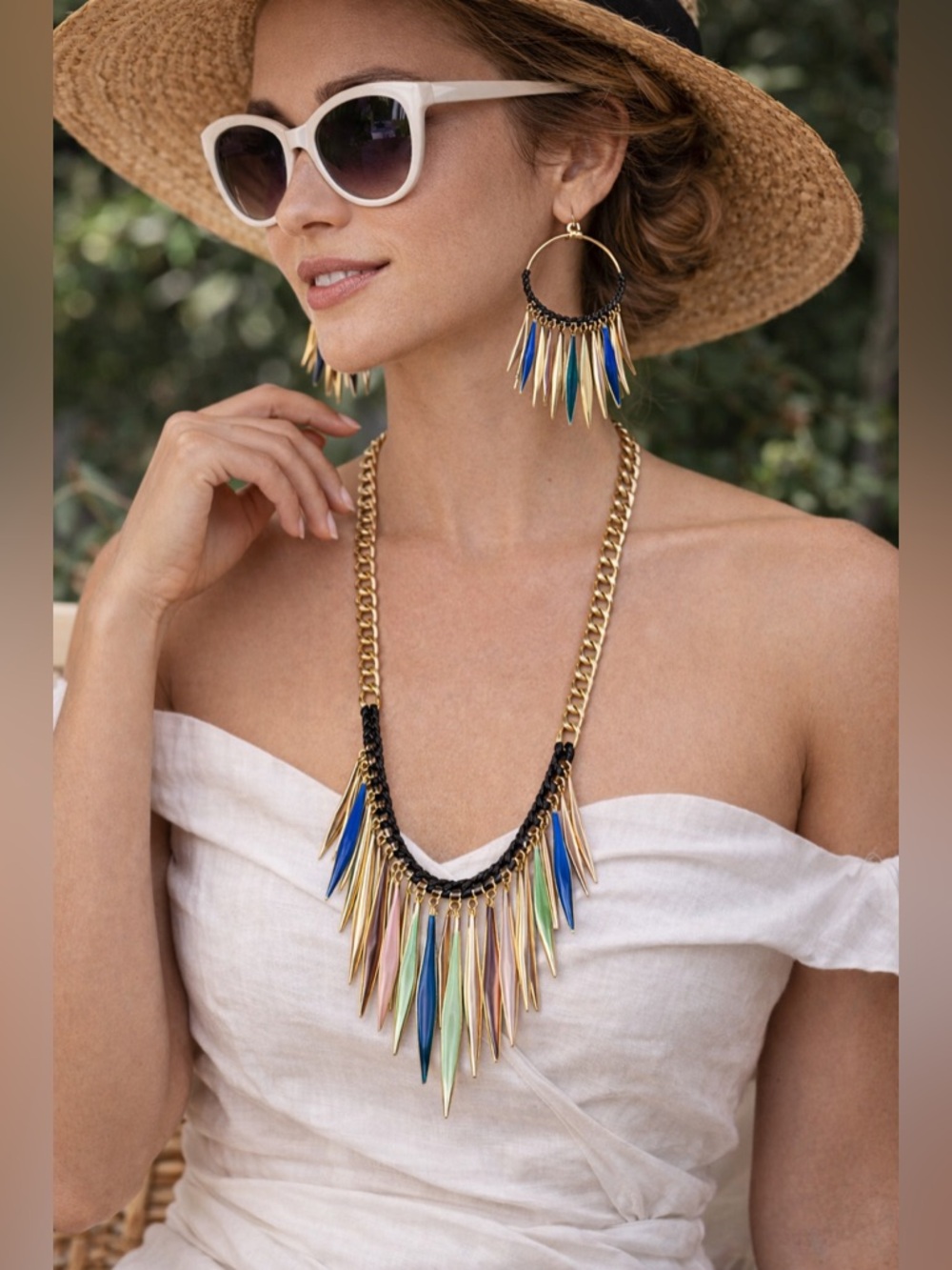 BCBG Generation Boho Fringe Necklace & Earrings Set Gold Tone Multicolor